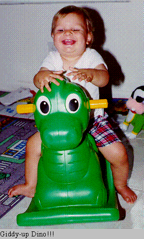 Hal rides his new toy Dino.